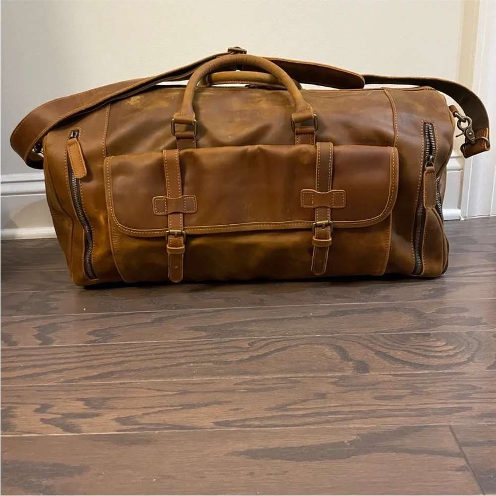 COGNAC LEATHER WEEKEND TRAVEL DUFFLE BAG LARGE